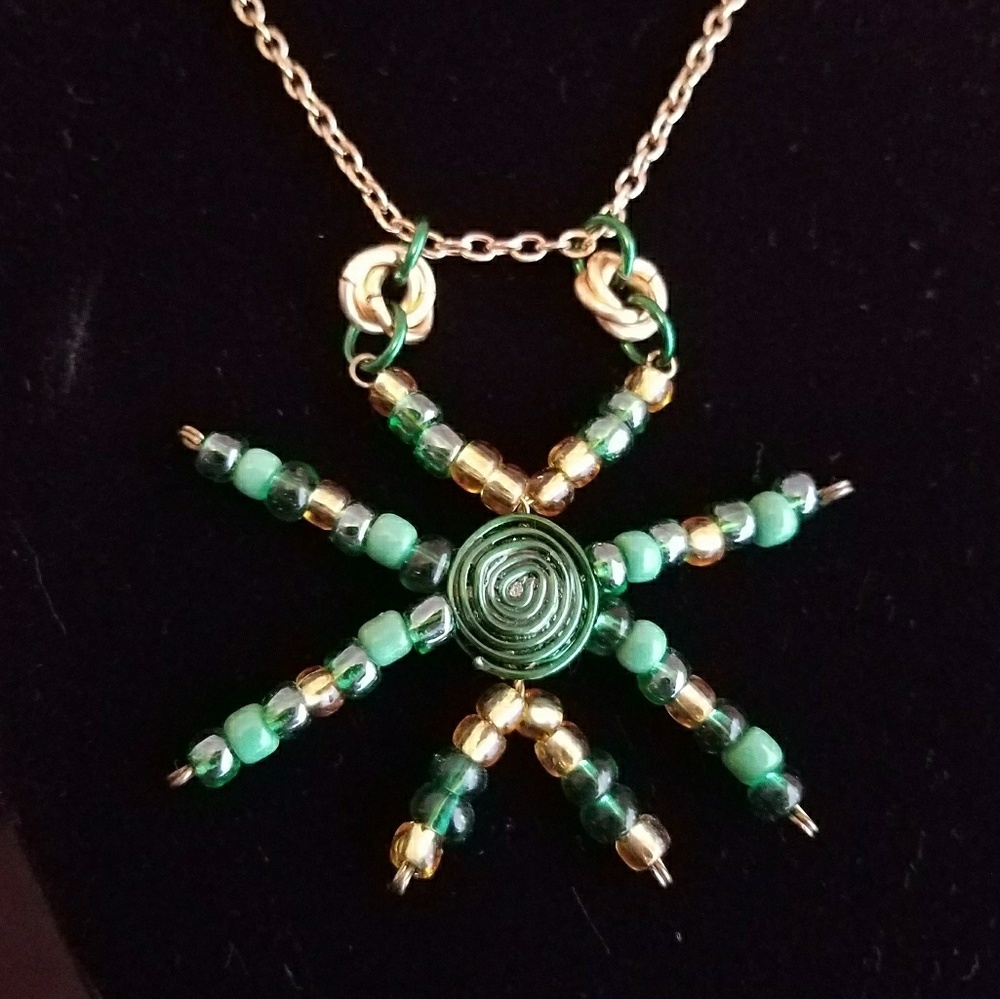 OOAK Handmade Green Gold Beaded Pendant Necklace